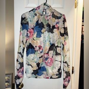 Cinq a' Sept Ruched Floral Mesh Turtleneck  Size XL